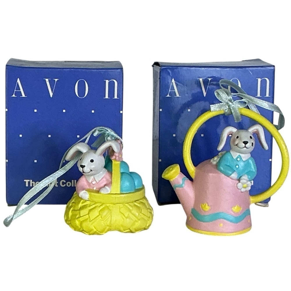 Avon Vintage Easter Busy Bunny Hanging Ornaments 2 PC Collectible Spring Pastel